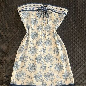 Blue and White Strapless Dress